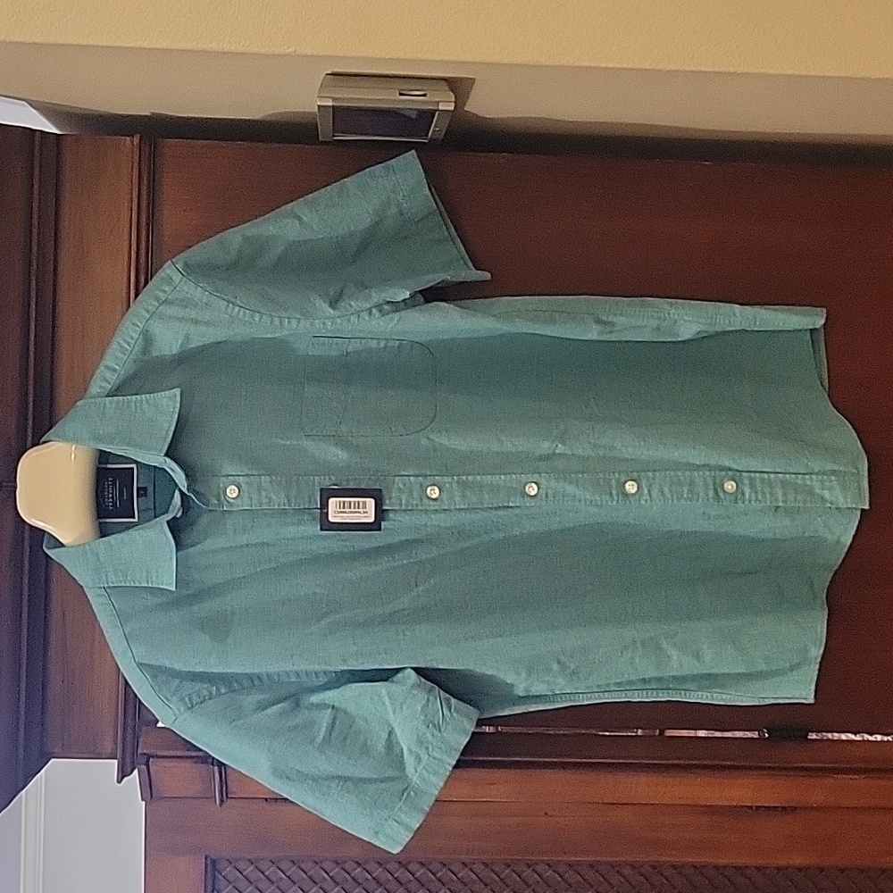 Charles Tyrwhitt | Green Slim Fit Plain Short Sleeve Shirt Cotton Linen - Size L